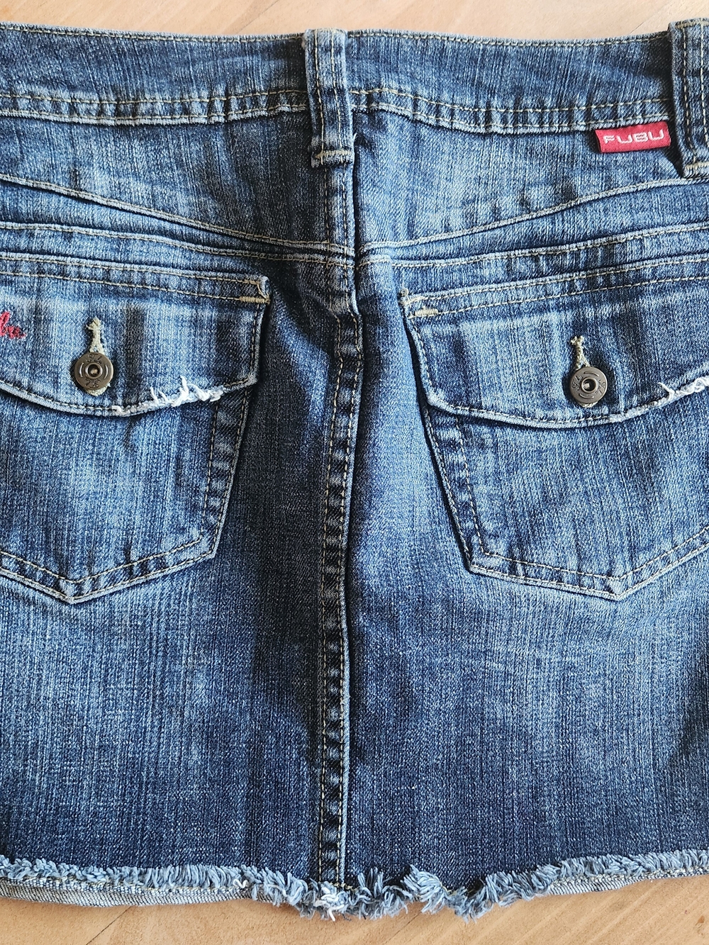 Vintage FUBU Blue Denim Mini Skirt with Back Pocket Detail